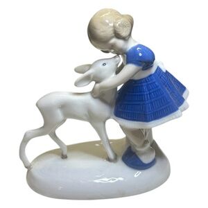 Blue and White Porcelain Girl with Deer Figurine 1859 Germany
